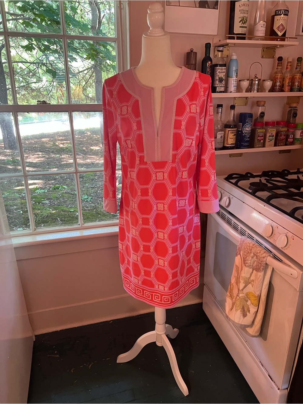 Cabana Life Coral Pink Geometric Long Sleeve Dress